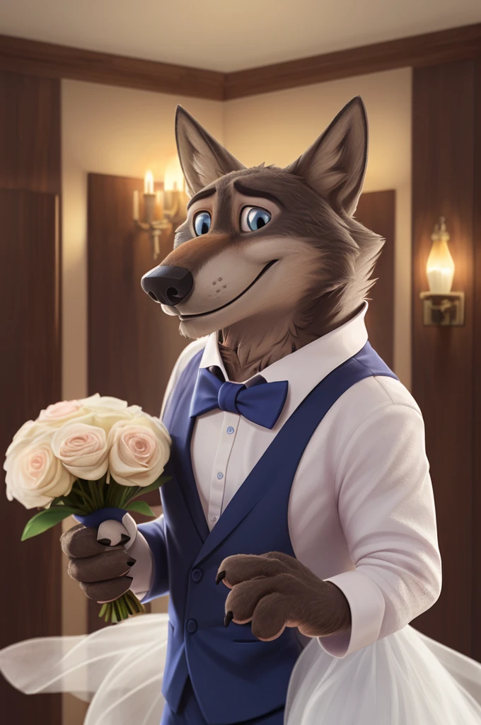 Piar, Male and female, Larry, Tatyana, Wedding Dress, (Zootopia), wolf, gray fur, (brown body:1.3), beautiful blue eyes, Zootopia, dressed,Blazer,pink shirt,trousers,the bow tie,canine,wolf, detailed fur, Male, second, paw pads, finger claws,одевает the bow tie, games,At the viewer, 5 fingers, paws, 4 toes, in the wedding palace, groom,ring, holds, flowers for wife, 
BREAK from nextel, for dating, by xenoforge, (difficult, high detail,digital photography, soft focus, RAW, close to the camera, smile, positive, Good, mood, Houses, looks at the viewer, очень close to the camera, In the shop,his wedding, wedding palace combination, 
photorealism, realistic, photorealistic,digital style, subsurface scattering,очень close to the camera
шедевр, Best quality, ultra realistic, 8 thousand.)