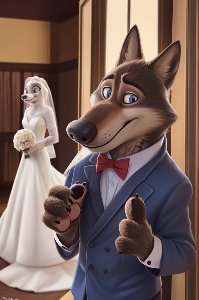 Piar, Male and female, Larry, Tatyana, Wedding Dress, (Zootopia), wolf, gray fur, (brown body:1.3), beautiful blue eyes, Zootopia, dressed,Blazer,pink shirt,trousers,the bow tie,canine,wolf, detailed fur, Male, second, paw pads, finger claws,одевает the bow tie, games,At the viewer, 5 fingers, paws, 4 toes, in the wedding palace, groom,ring, holds, flowers for wife, 
BREAK from nextel, for dating, by xenoforge, (difficult, high detail,digital photography, soft focus, RAW, close to the camera, smile, positive, Good, mood, Houses, looks at the viewer, очень close to the camera, In the shop,his wedding, wedding palace combination, 
photorealism, realistic, photorealistic,digital style, subsurface scattering,очень close to the camera
шедевр, Best quality, ultra realistic, 8 thousand.)