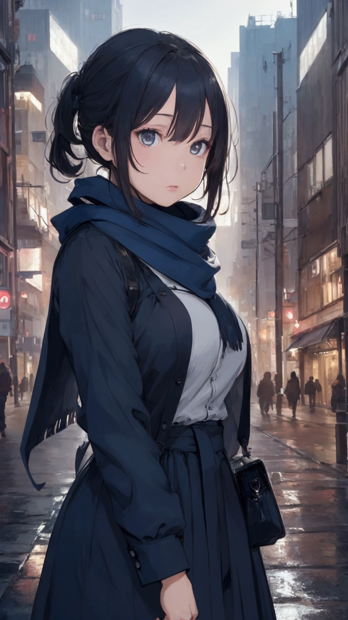 8k, Highest quality, masterpiece, Realistic, Very detailed, photo Realistic, Improvement of quality, Wearing a scarf, going out in the city(image)Photo of a girl standing, designer&#39;Dark and gloomy style, big chunks, Photobash, Calm face, Jagged Edges, navy, Natural Beauty, Full Body Shot