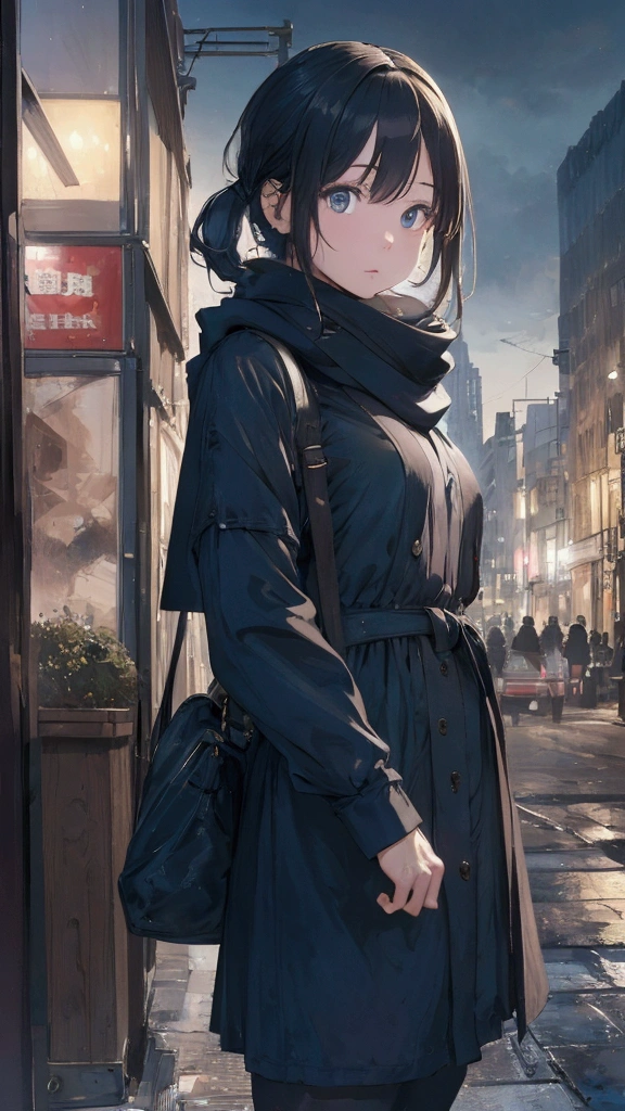 8k, Highest quality, masterpiece, Realistic, Very detailed, photo Realistic, Improvement of quality, Wearing a scarf, going out in the city(image)Photo of a girl standing, designer&#39;Dark and gloomy style, big chunks, Photobash, Calm face, Jagged Edges, navy, Natural Beauty, Full Body Shot