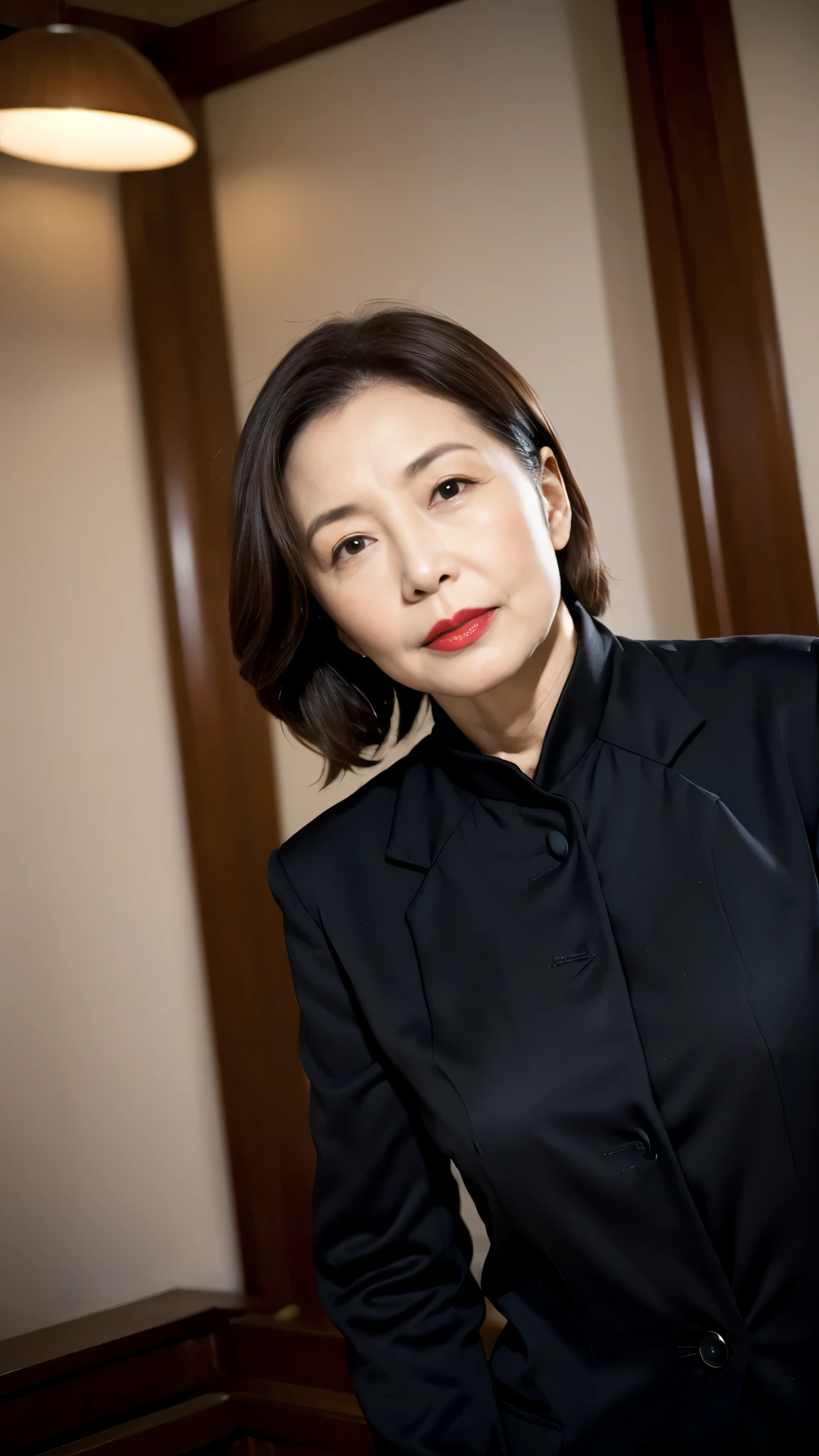 masterpiece, ((Great Focus)), 32K, Beautiful finish, Beautiful mature woman, 65-year-old woman, Dutch Angle, Photo of your ID, Cool look, Red lips, Thin lips, suit, round 1, Light from the front,