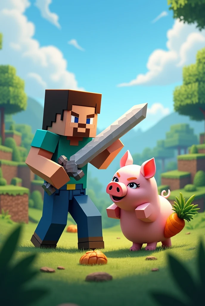 A Minecraft character holding a sword, a pig with a carrot in its mouth