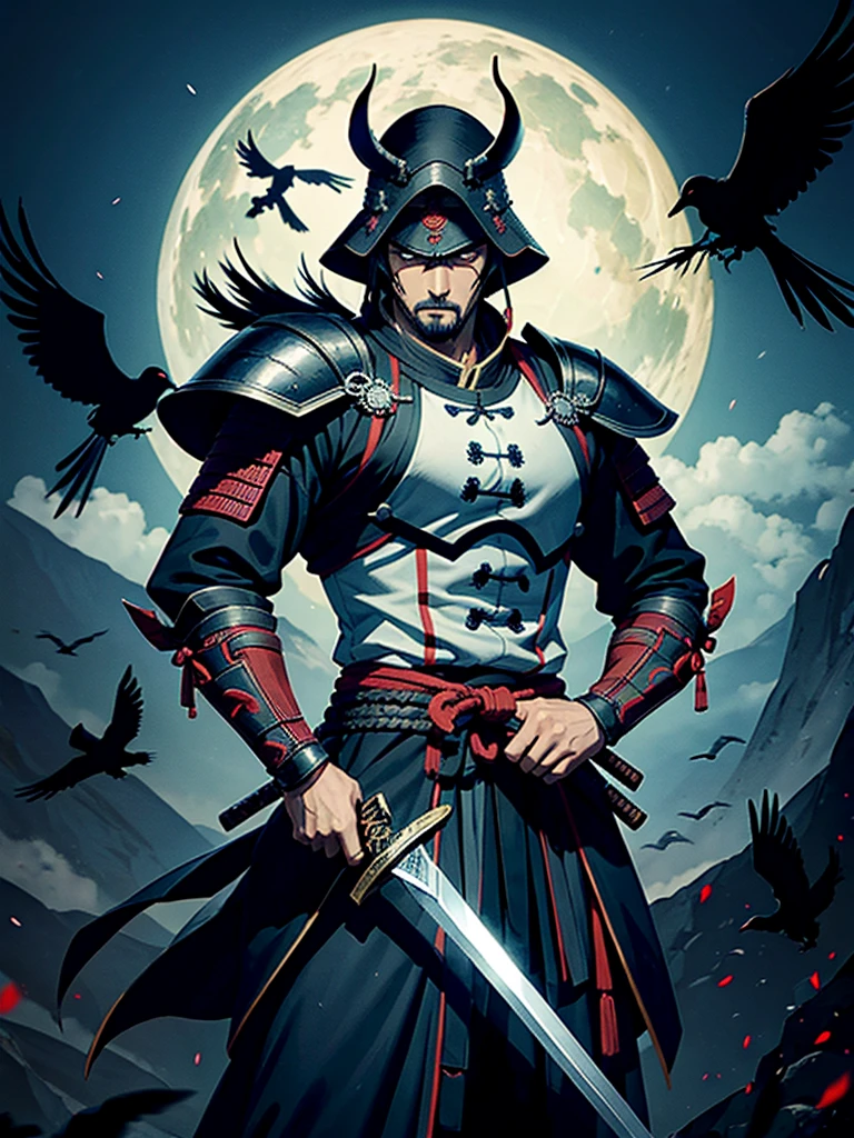 Dark Man, Cao Cao, espadashin, Samurai, with a sword with crows around it.