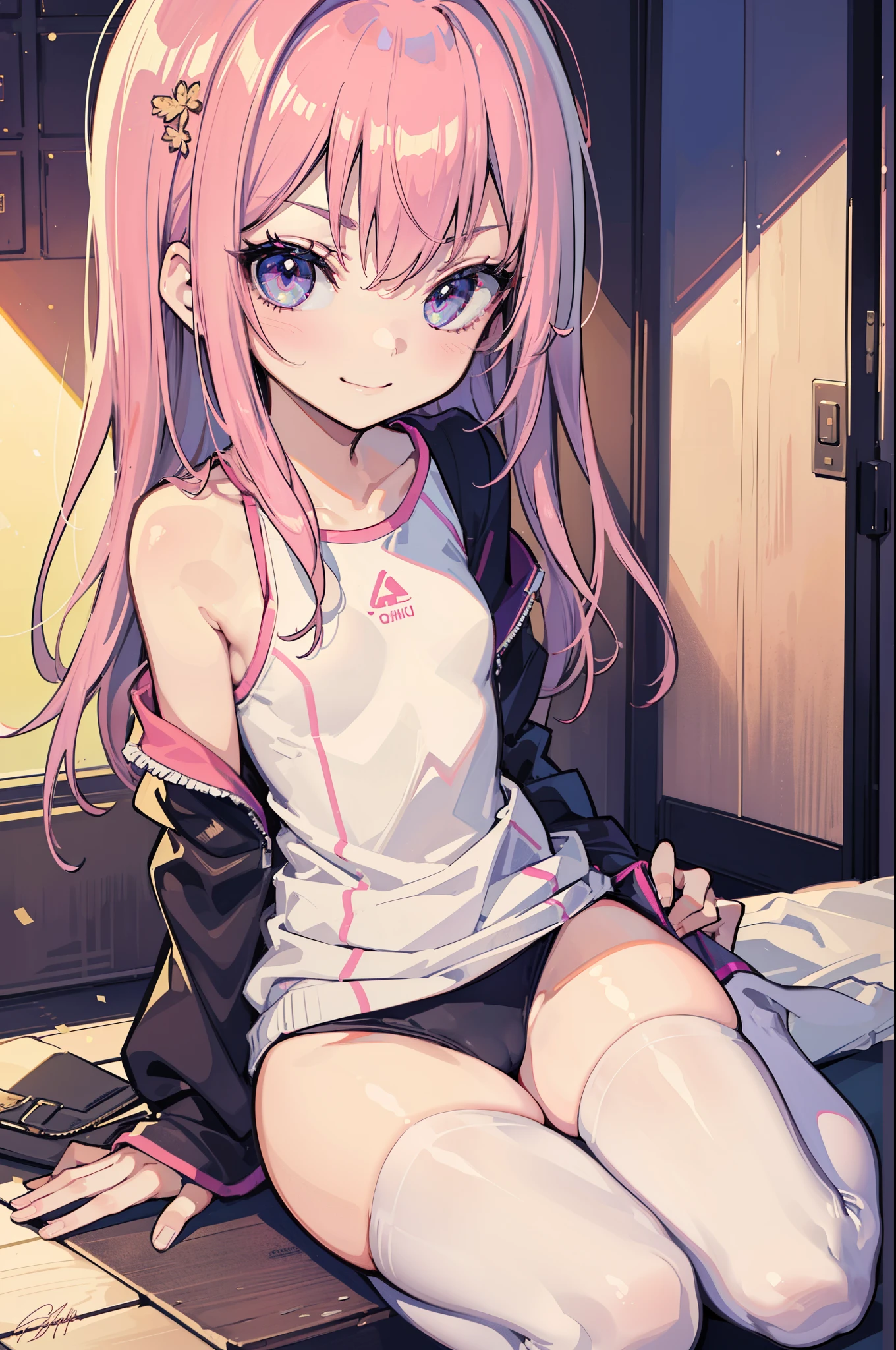 (ideal:1.1), (perfection:1.1), (flawless:1.1), (best quality:1.2), (highest quality:1.2), street, 1girl, solo, (:1.2), (child:1.1), sexy smirk, comfy clothes, thigh highs, (sexy thighs:0.9), small breasts, athletic body, highest quality eyes, highly detailed, 4k, best resolution, high quality shadows, beautiful quality light, best quality upscale, most beautiful upscale