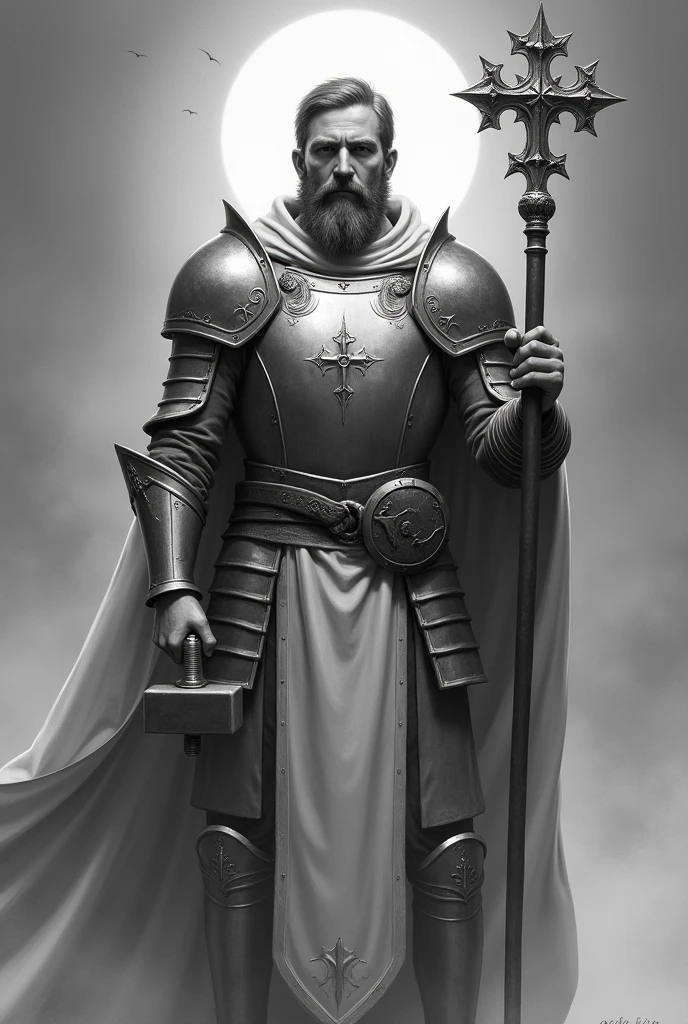 Male RPG cleric in light templar armor, with a small hammer and a staff with halos ( gray image background )