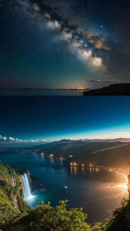 Fantasy、Different world、starry skies、Three moons、Two Saturns、shooting star、milky way、colorful clouds、Different world、The ocean spreads out、Big waterfall、Countless islands floating in the sky、Vast views、Wide-angle lens、Composition looking down from a high hill. Realistic blurry background. 4K Full HD 60 FPS、Realistic Lighting