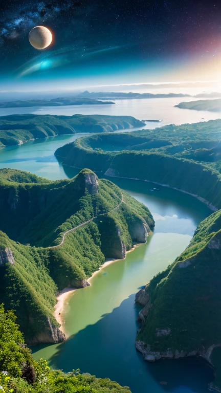 Fantasy、Different world、starry skies、Three moons、Two Saturns、shooting star、milky way、colorful clouds、Different world、The ocean spreads out、Big waterfall、Countless islands floating in the sky、Vast views、Wide-angle lens、Composition looking down from a high hill. Realistic blurry background. 4K Full HD 60 FPS、Realistic Lighting