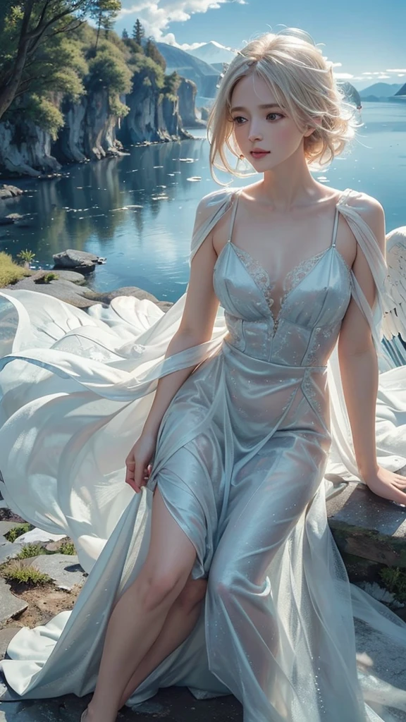 ((A serene summer scene with an ultra-high-definition, realistic angel flying gracefully in the sky)), The angel is facing towards the camera with lifelike facial features and detailed textures, The angel has intricately detailed white wings, fully extended as it soars through the air in an elegant, natural pose, The angel has platinum blonde hair flowing gently in the wind, with realistic light reflections and highlights, emphasizing the sensation of movement, The angel holds a silver staff, adding a touch of mystique and power, The theme color of the scene is blue, reflected in the angel's attire, the sky, and the overall color palette, ((The background features a clear summer sky with a soft, highly detailed rainbow arching across it, enhancing the feeling of wonder and beauty)), The scene takes place in a celestial world, with floating islands and ethereal clouds, adding a magical and otherworldly atmosphere Soft, white clouds accompany the rainbow, adding depth to the sky, Below, a green land and blue ocean are visible from a high angle, with realistic lighting and shadows, The landscape features gently rolling hills and a distant, vividly detailed sea, as seen from a high vantage point in this sky-bound world, The image is captured in a vertical 9:16 aspect ratio, emphasizing ultra-realistic textures, depth, and the dynamic nature of flight in a heavenly realm,