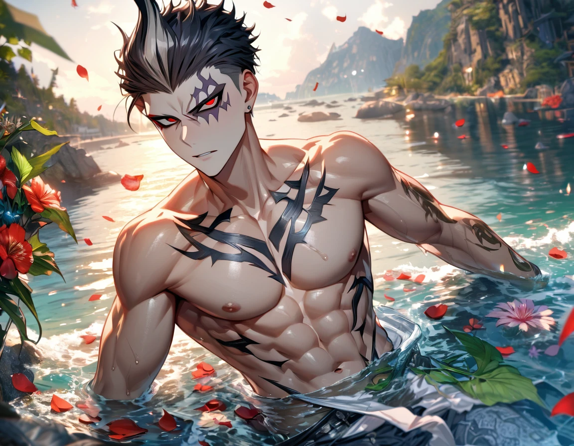 Ultra detailed, highres, absurdres, HDR, master piece, Hashibira Inosuke, black hair, expressive pale green eyes, Kimetsu No Yaiba, water, autumn, petals, orange and yellow leaves, sexy man, solo, handsome, without shirt, toned chest, best quality,