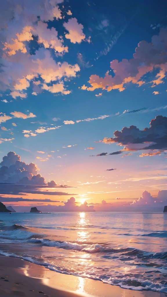 Create a serene ocean scene at sunset, where the calm waves gently lap against a white sandy shore. The sky is painted in soft hues of pink, orange, and purple, with wisps of clouds reflecting the colors. In the distance, small islands with lush greenery are visible, and a few palm trees lean gracefully towards the water. A lone sailboat drifts peacefully on the horizon, its sails catching the last light of the day. The entire scene should evoke a sense of peace, relaxation, and connection with nature.