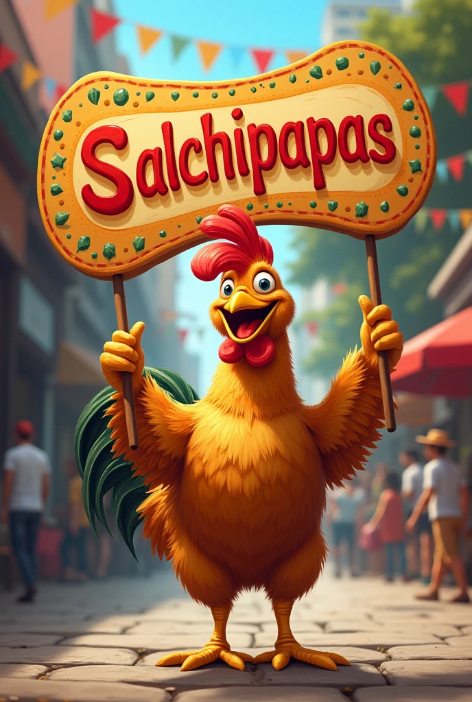 A chicken with a big sign that says salchipapas