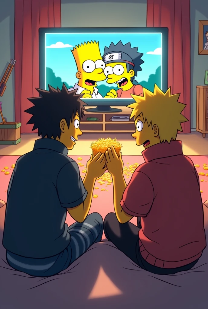 Yasuo and Naruto, sitting on the sofa eating grated cheese, watching the simpsons