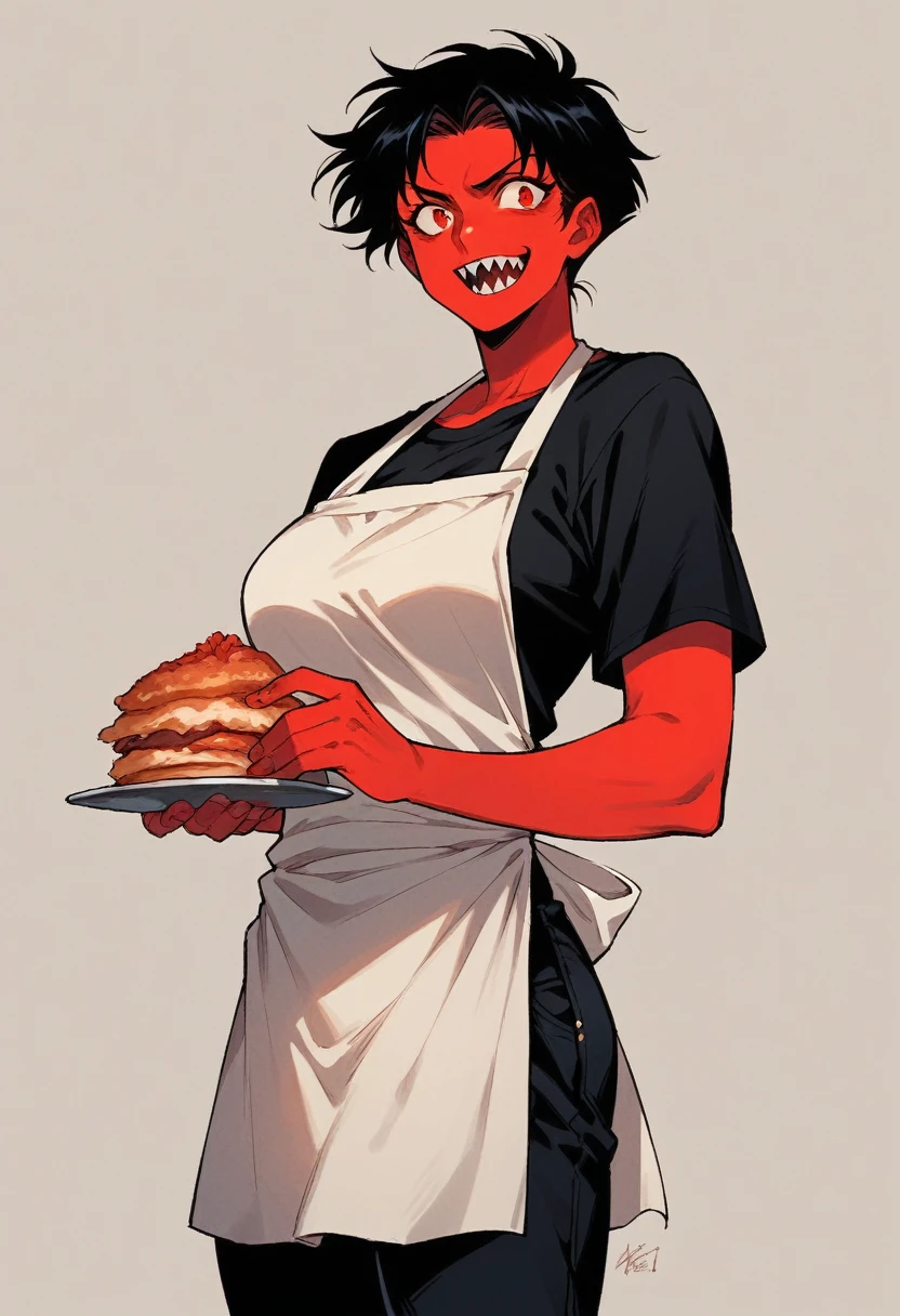 mature woman,red skin, black hair, red eyes,apron , sharp teeth, black t-shirt, black pants, 90s anime style