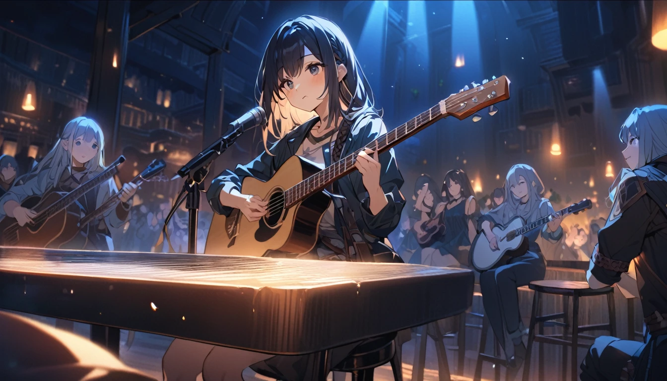 (Highest quality),Fantasy,On the left side of the screen is a female adventurer.、A female adventurer is sitting on a bar stool and playing the guitar、night,Celtic Music、There are a lot of people at the bar々、Moist atmosphere、Soft Light