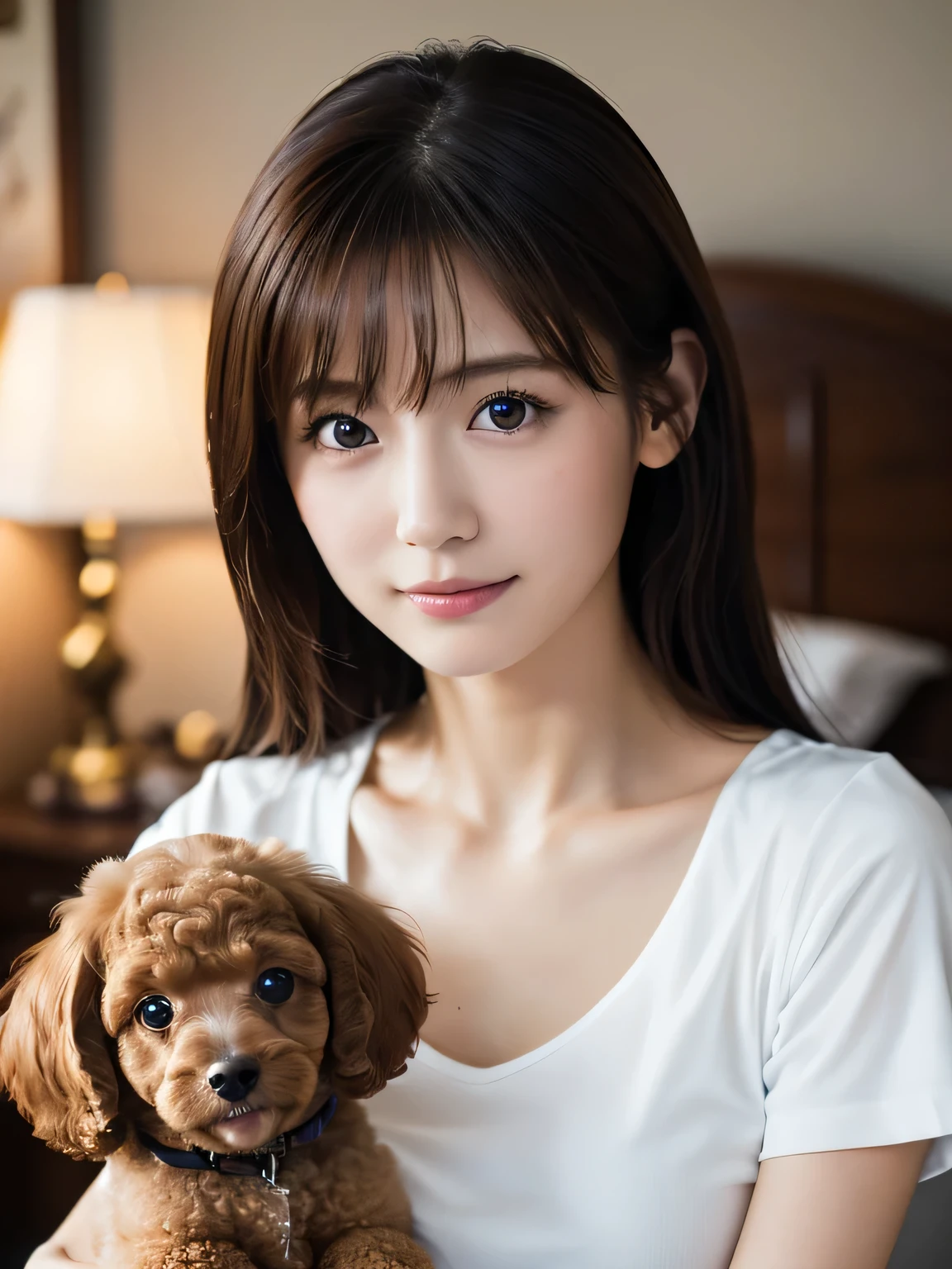 Beautiful girl playing with a puppy, ************, (Highest quality:1.4), (Very detailed), (Very detailed美しい顔), sit, avert your eyes, smile, White T-shirt, Great face and eyes, iris, Medium Hair, The Beauty of Japan, (Skinny body type:1.3), (Flat Chest:1.3), (toy poodle:1.3),Smooth, Very detailed CG synthesis 8k wallpaper, High-resolution RAW color photos, Professional photography, Light, BackLight, dream-like, impressive, Written boundary depth, Bedroom, (Shooting from below:1.2)