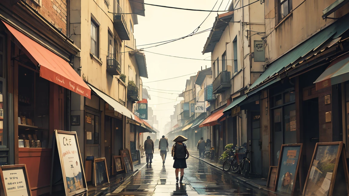 Photos of the café, Wet Street, architecture, Busy Street, cycle, Rubbish, Nostalgia, Ultra-high quality, Ultra Detailed,