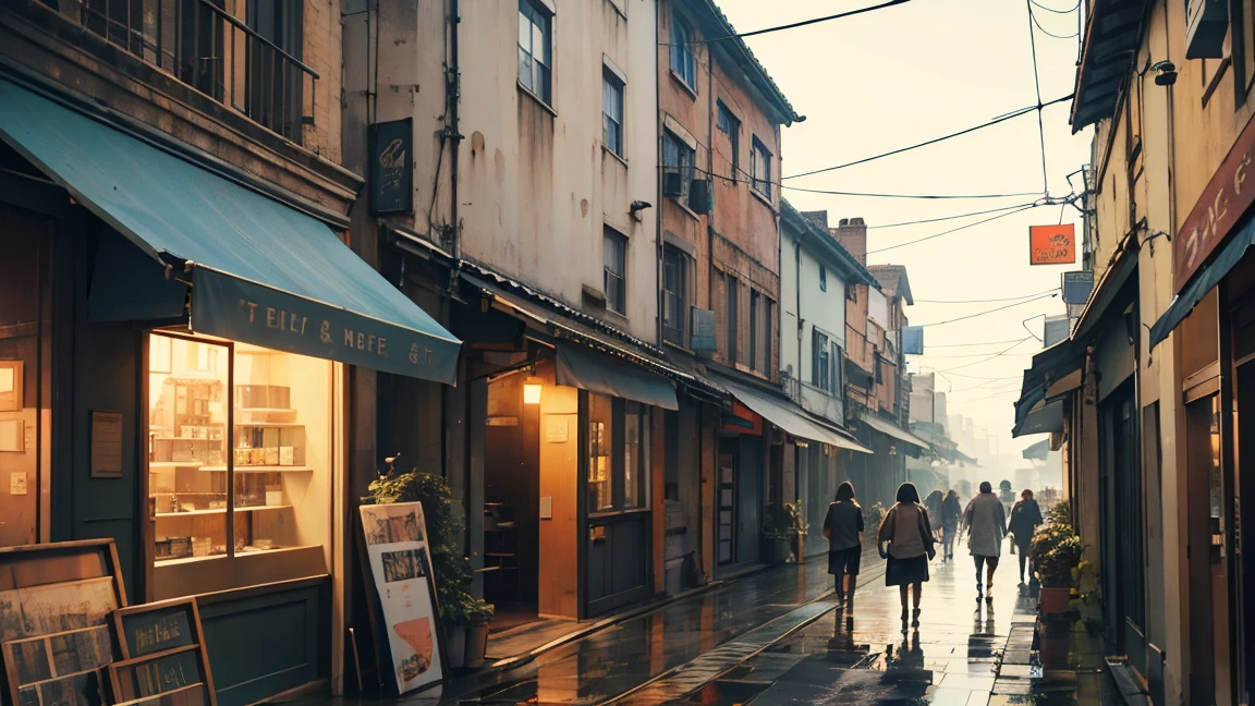 Photos of the café, Wet Street, architecture, Busy Street, cycle, Rubbish, Nostalgia, Ultra-high quality, Ultra Detailed,