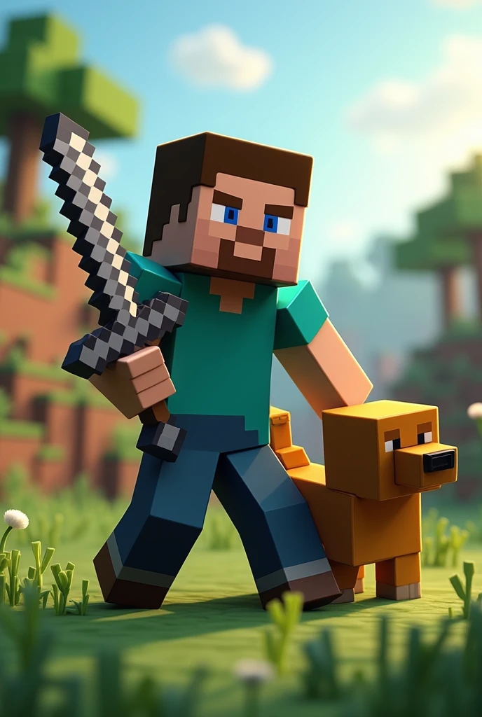 A Minecraft character holding a sword, a Minecraft dog