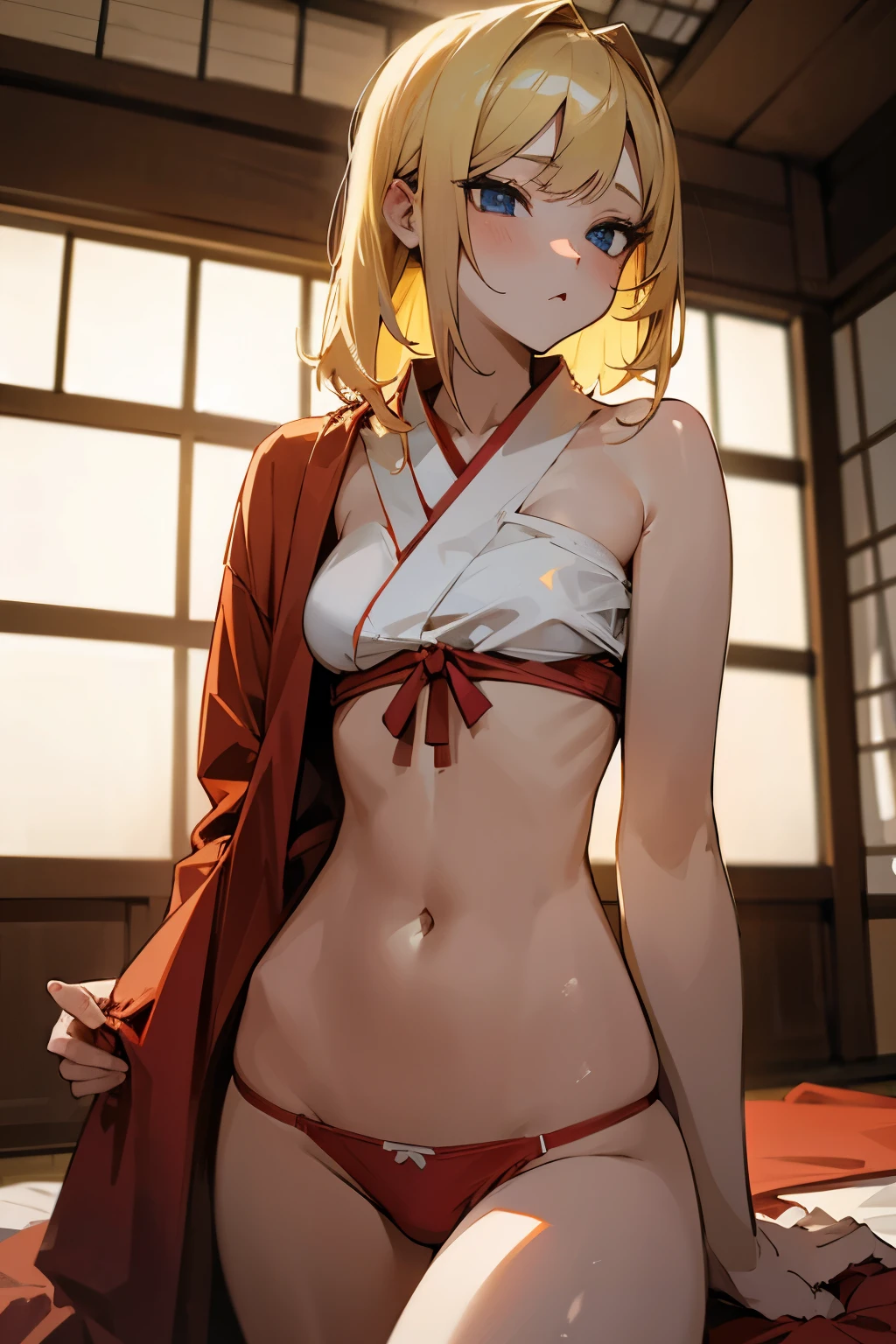 Girl, with blonde hair, with provocative clothes, in red panties, in a Japanese room