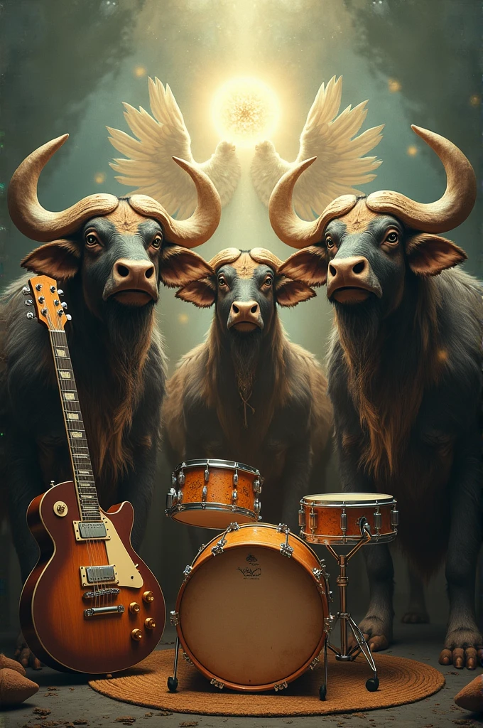 Series of buffalo head,guitar elektrik,drum,pick,angel, with phrase FAMILY OF LISAN TIMOR