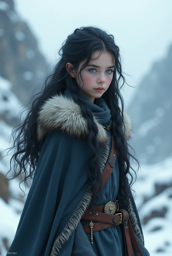 Young girl with black hair and ice blue eyes wearing medieval cold weather clothes