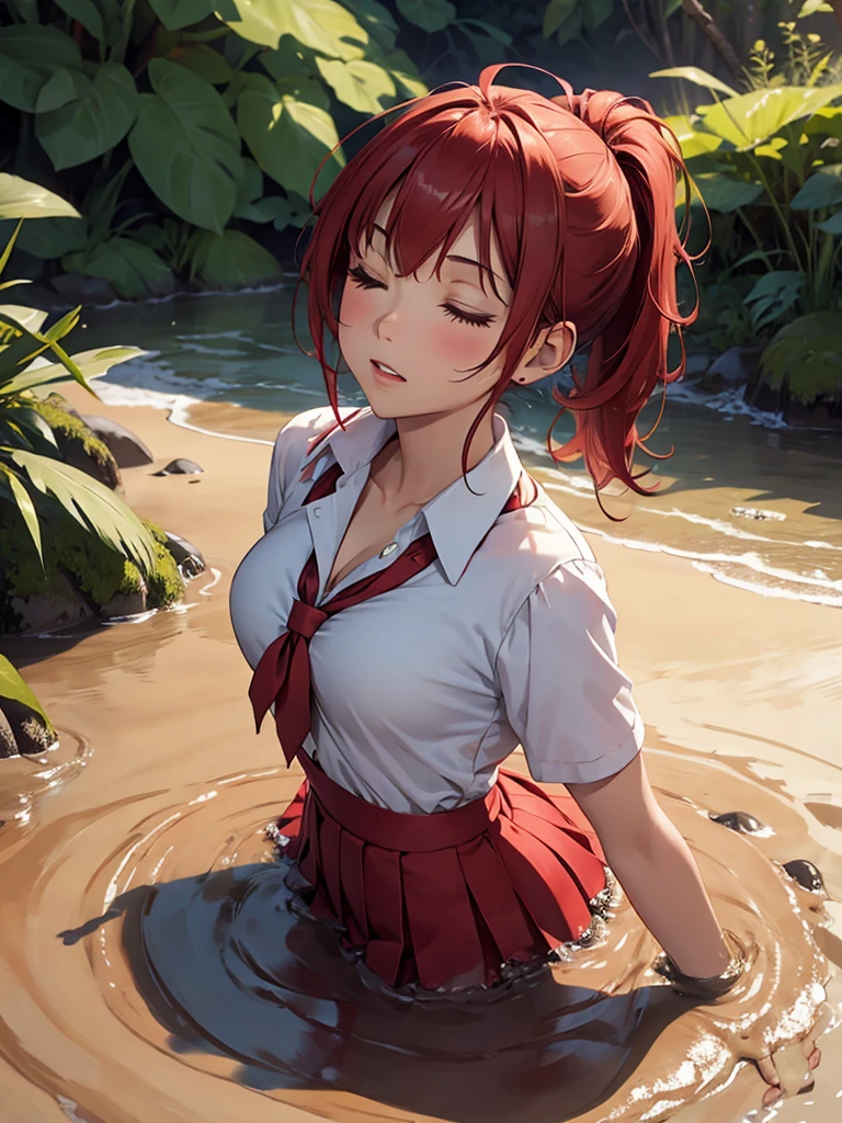 1girl, solo, masterpiece, best quality, high res, highly detailed, (illustration), beautiful detailed eyes, yuigahama yui, red hair ponytail, glossy lips, light makeup, orgasm, (looking up:1.5), eyes closed, intimate moment, school shirt, red skirt, cleavage, (quicksand:1.4), (from side:0), bog, swampy