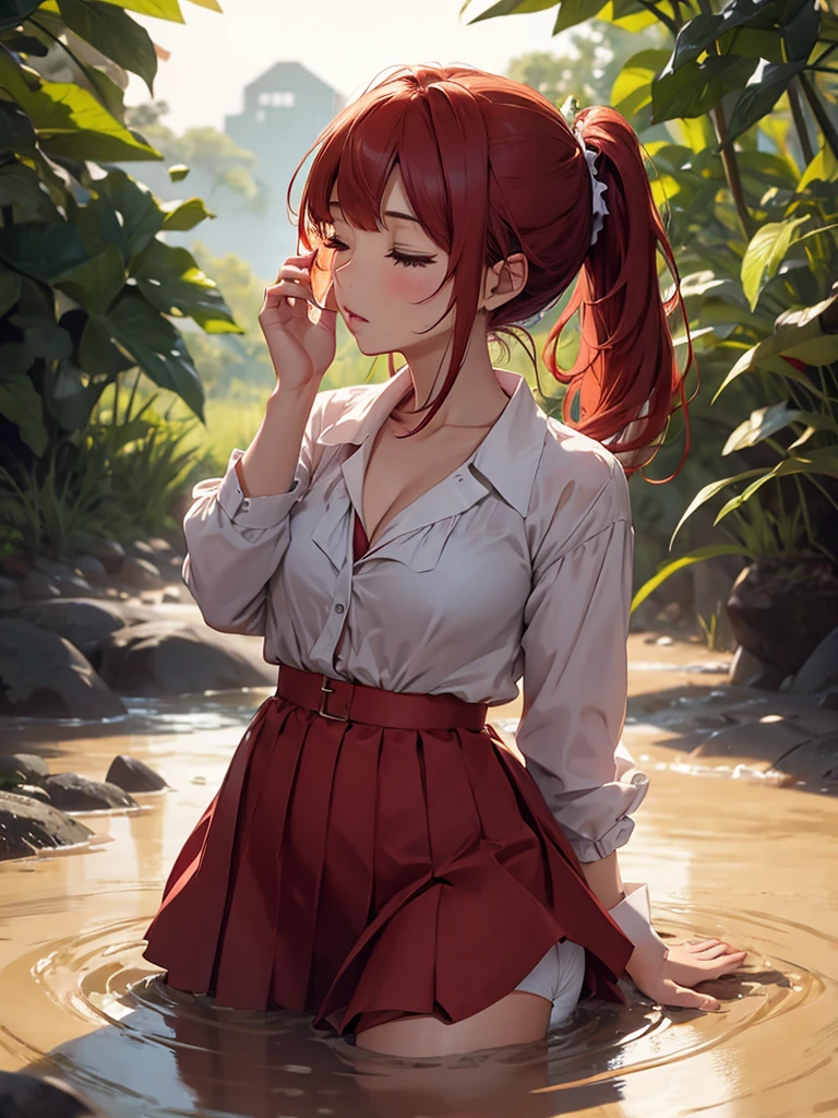 1girl, solo, masterpiece, best quality, high res, highly detailed, (illustration), beautiful detailed eyes, yuigahama yui, red hair ponytail, glossy lips, light makeup, orgasm, (looking up to the sky:1.5), intimate moment, school shirt, cleavage, (quicksand:1.4), (from side:0), bog, swampy, eyes closed, gasp