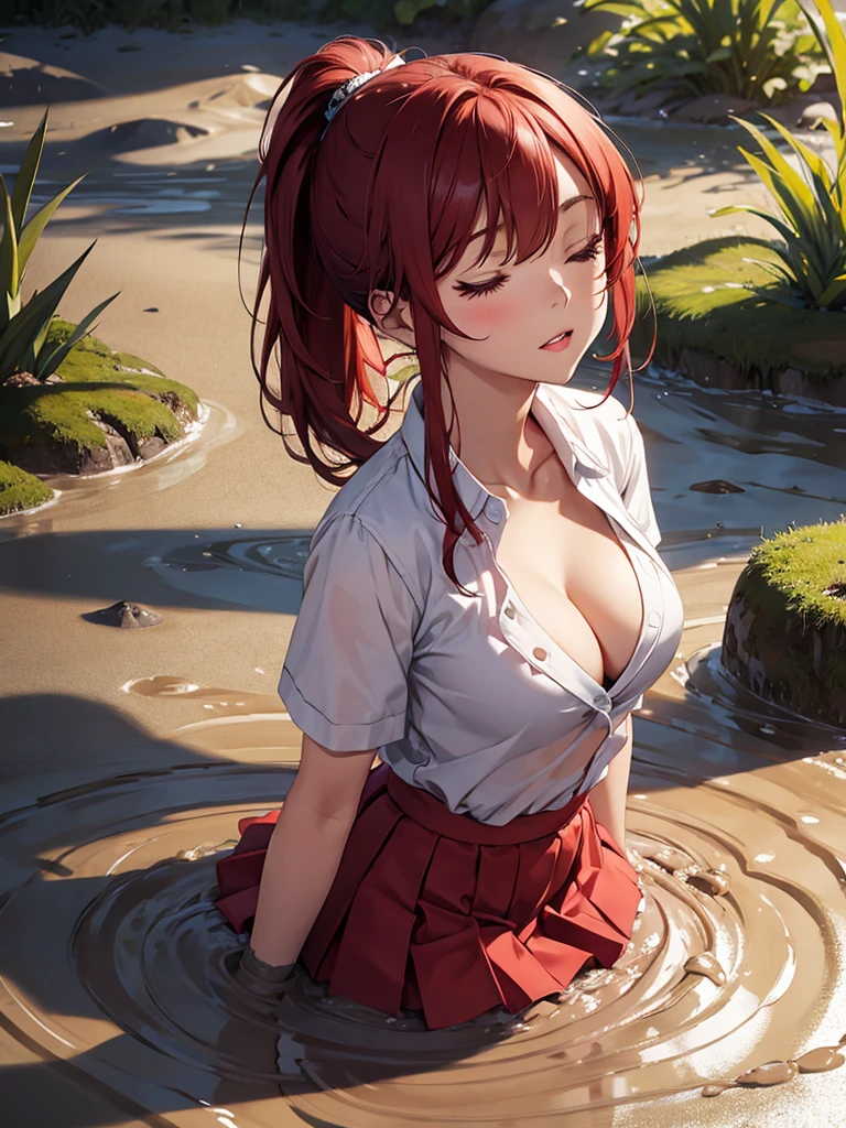 1girl, solo, masterpiece, best quality, high res, highly detailed, (illustration), beautiful detailed eyes, yuigahama yui, red hair ponytail, glossy lips, light makeup, , (looking up:1.5), eyes closed, intimate moment, school shirt, red skirt, cleavage, (quicksand:1.4), (from side:0), bog, swampy
