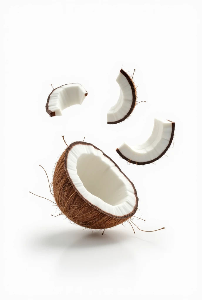 Image of a coconut in pieces floating on a white background