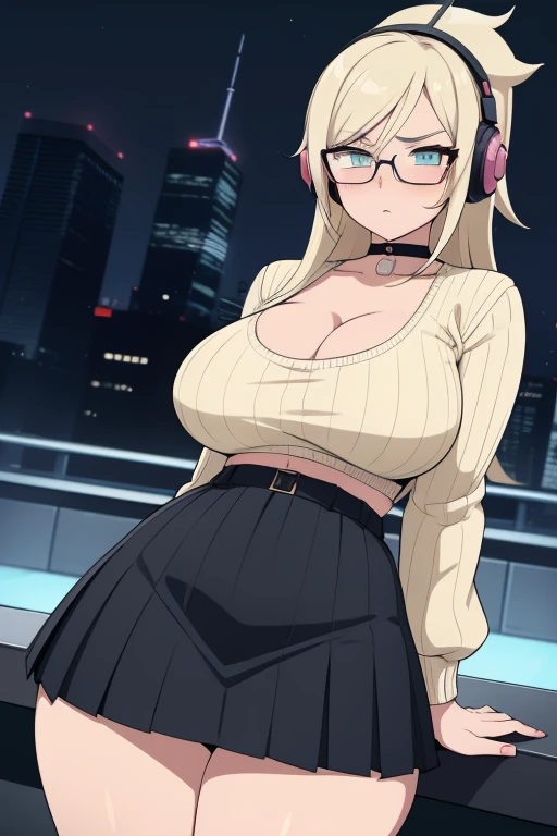 20 year old woman, busty, bubble butt, huge ass, hourglass figure, skinny, blushing, panicked expression, horny, seductive, platinum blonde hair, long hair, wavy hair, bangs, wearing wearing cropped jacket, cyan sweater, ribbed sweater, pleated skirt, choker, sneakers, glasses, tight fitting clothing, cleavage, anime, city at night, outside, punk, punk style, punk hair, doujin style, manga, flat colours, 2d manga, headphones, rosalina