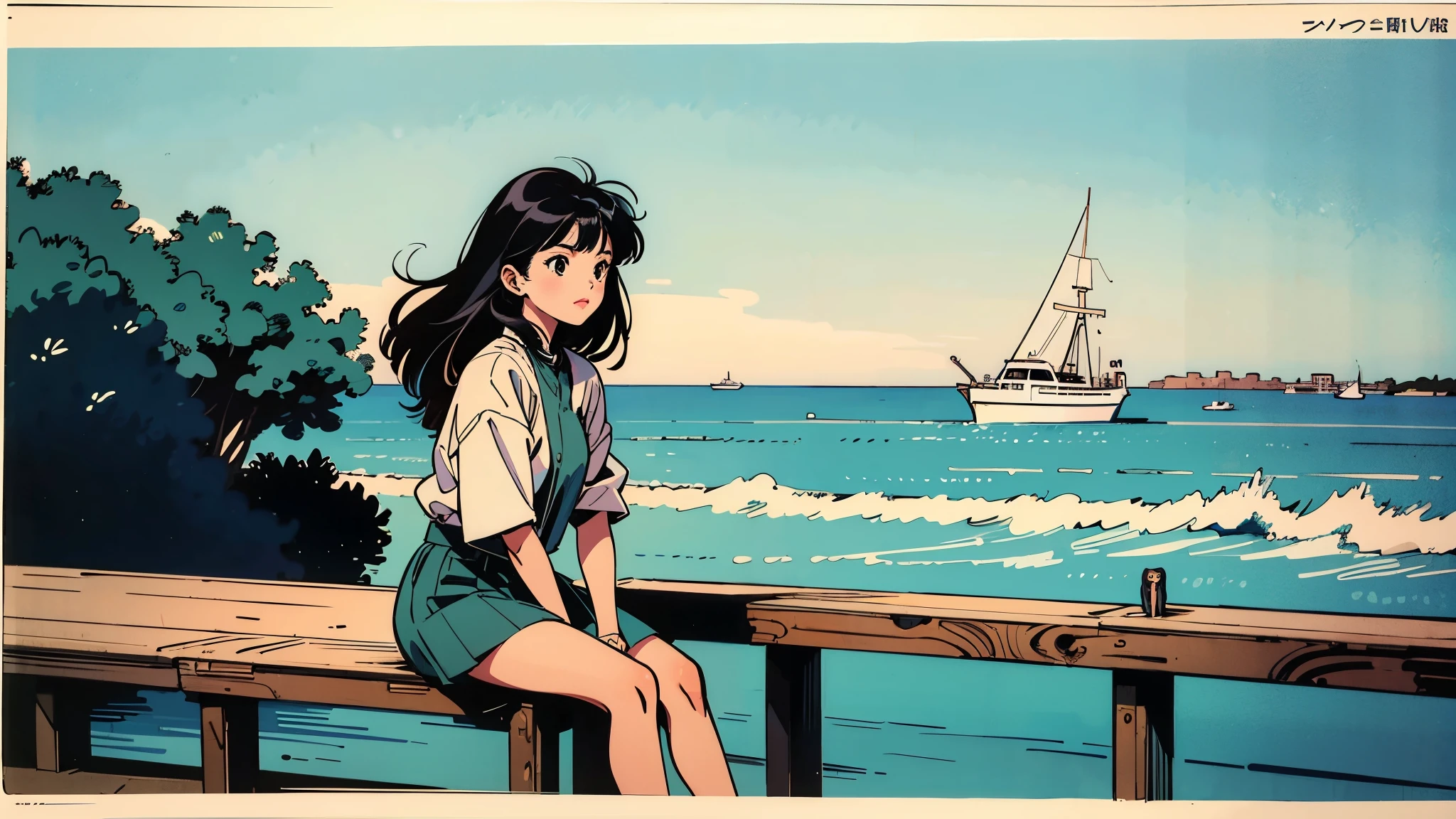 A girl sitting on a pier by the ocean, watching the boats pass by, with a relaxed and peaceful vibe, lyco art, a manga drawing, by Satoshi Kon, lofi hip hop, wlop : :, ukiyo, ukiyo-style, yukito kishiro.