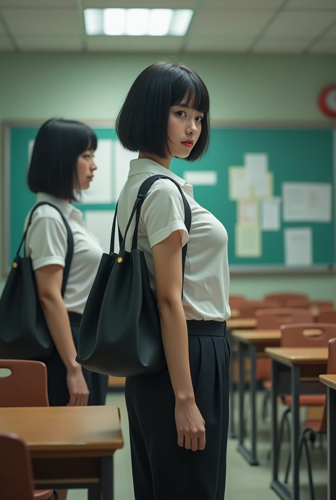 by noon, in the classroom, duas inspetoras entraram in the classroom, holding bags of top secret files, two female inspectors wearing white t-shirts and short black hair, this inspector looked at the camera, The lens mainly featured the upper part of the body, not Lofe art style ((Xinhai City), popular em cgstation, Xinhaicheng H 2160, inspired by Bian Shoumin, Xinhaicheng, Planned, Guwitz's style, Top Quality Photos, 4K, 8k, resolution,