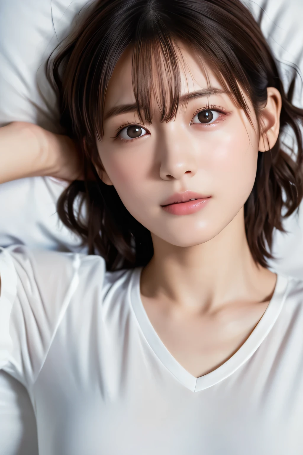 Beautiful  lying in bed, 14 years old, (Highest quality:1.4), (Very detailed), (Very detailed美しい顔), Sleepy eyes, White T-shirt, Great face and eyes, iris, Medium Hair, The Beauty of Japan, (Skinny body type:1.3), (Flat Chest:1.3), Embarrassed expression,(Puppy licking cheek),Smooth, Very detailed CG synthesis 8k wallpaper, High-resolution RAW color photos, Professional photography, Light, BackLight, dream-like, impressive, Written boundary depth, Bedroom, (Face close-up:1.5), (Shot from above:1.5)