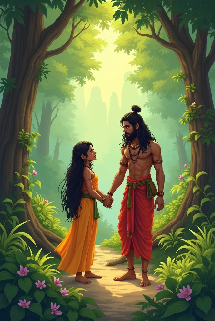 Rama and Sita in the Forest**: Illustrate Rama and Sita living peacefully in the forest, surrounded by lush greenery and serene nature.