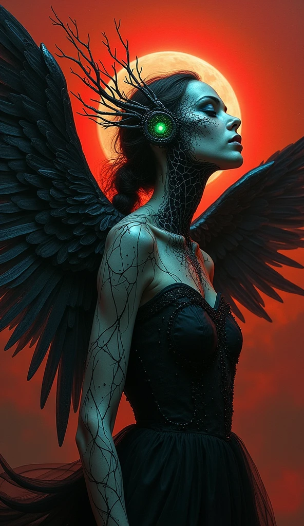 In the depths of a darkwave soundscape, a celestial being emerges, embodying the essence of Mars while emanating an ethereal aura. Captured in an oil painting, this image encapsulates the mysterious and otherworldly nature of the heavenly martian. Every brushstroke reveals a macabre beauty, with their midnight black wings gently unfurled against the backdrop of a crimson sky. Gleaming silver veins intricately trace over their translucent skin, contrasting with their phosphorescent green eyes, which seem to hold the secrets of ancient galaxies. This meticulously crafted masterpiece, rendered with impeccable detail, conveys a sense of enigmatic allure and invites the viewers to contemplate the enigmatic allure of the celestial realm. eyes that invite you in. Super high detail. 8k definition