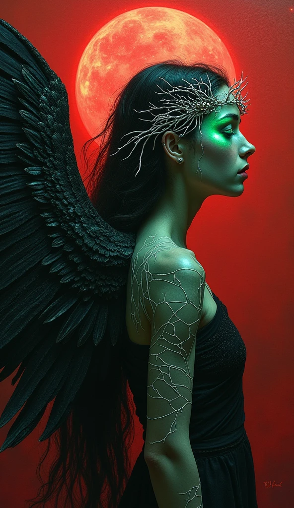 In the depths of a darkwave soundscape, a celestial being emerges, embodying the essence of Mars while emanating an ethereal aura. Captured in an oil painting, this image encapsulates the mysterious and otherworldly nature of the heavenly martian. Every brushstroke reveals a macabre beauty, with their midnight black wings gently unfurled against the backdrop of a crimson sky. Gleaming silver veins intricately trace over their translucent skin, contrasting with their phosphorescent green eyes, which seem to hold the secrets of ancient galaxies. This meticulously crafted masterpiece, rendered with impeccable detail, conveys a sense of enigmatic allure and invites the viewers to contemplate the enigmatic allure of the celestial realm. eyes that invite you in. Super high detail. 8k definition