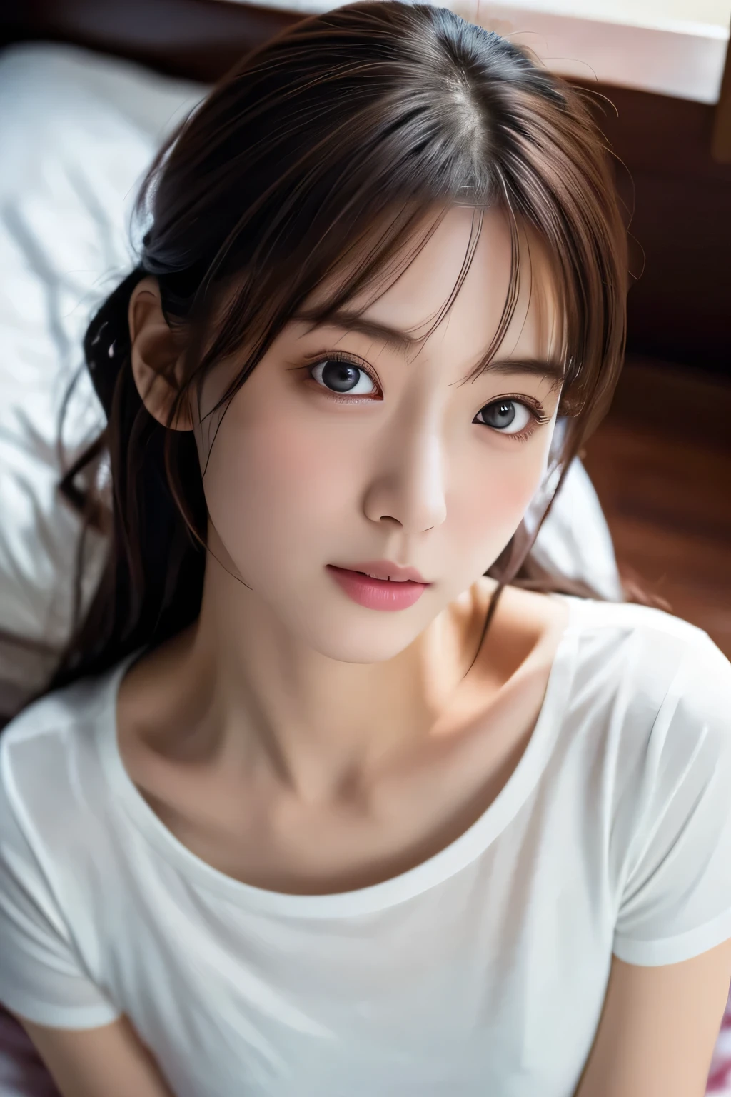 Beautiful  lying in bed, ************, (Highest quality:1.4), (Very detailed), (Very detailed美しい顔), Sleepy eyes, White T-shirt, Great face and eyes, iris, Medium Hair, The Beauty of Japan, (Skinny body type:1.3), (Flat Chest:1.3), Embarrassed expression,(Puppy licking cheek),Smooth, Very detailed CG synthesis 8k wallpaper, High-resolution RAW color photos, Professional photography, Light, BackLight, dream-like, impressive, Written boundary depth, Bedroom, (Face close-up:1.3), (Shot from above:1.5)