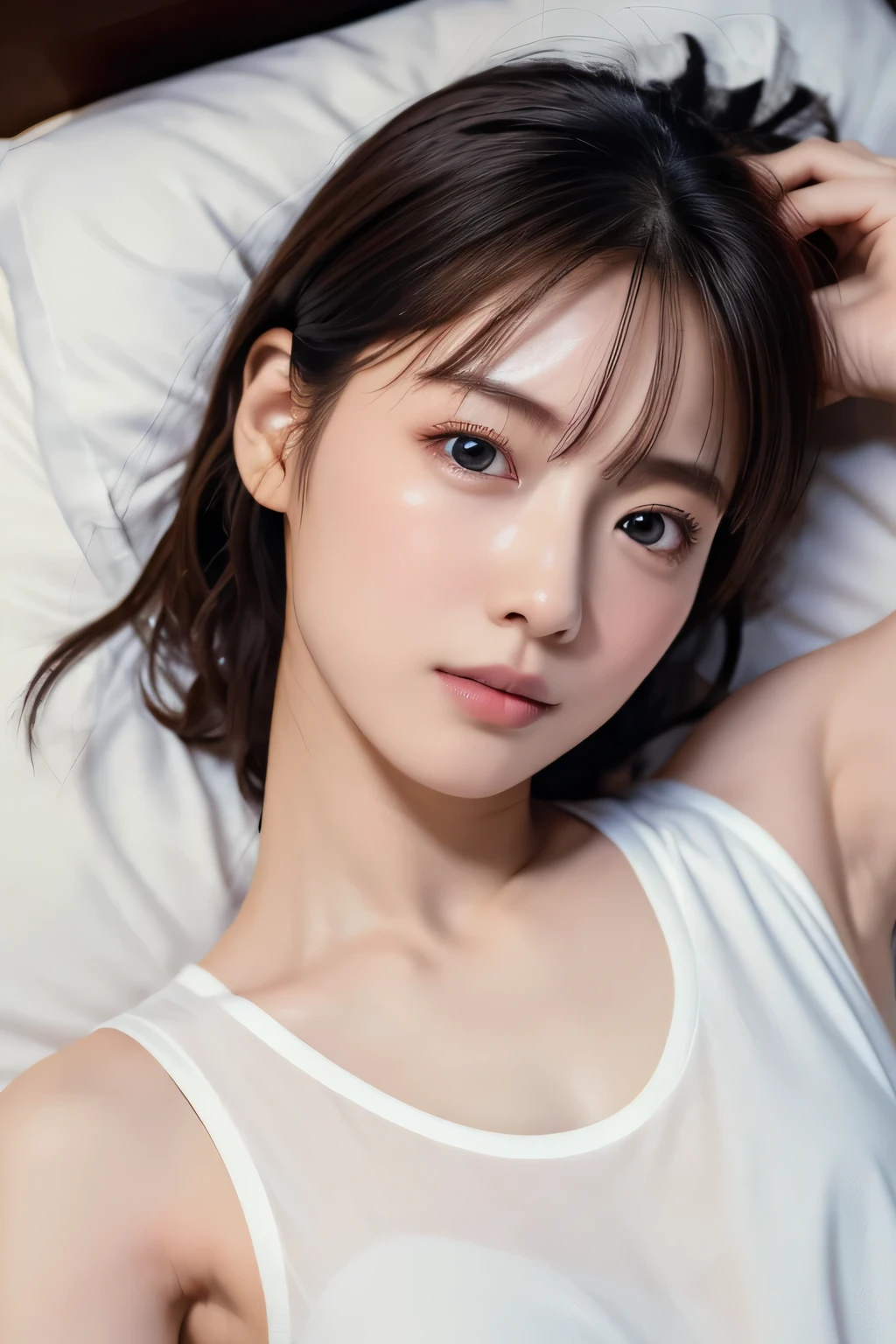 Beautiful  lying in bed, , (Highest quality:1.4), (Very detailed), (Very detailed美しい顔), Sleepy eyes, White T-shirt, Great face and eyes, iris, Medium Hair, The Beauty of Japan, (Skinny body type:1.3), (Flat Chest:1.3), Embarrassed expression,(Puppy licking cheek),Smooth, Very detailed CG synthesis 8k wallpaper, High-resolution RAW color photos, Professional photography, Light, BackLight, dream-like, impressive, Written boundary depth, Bedroom, (Face close-up:1.3), (Shot from above:1.5)