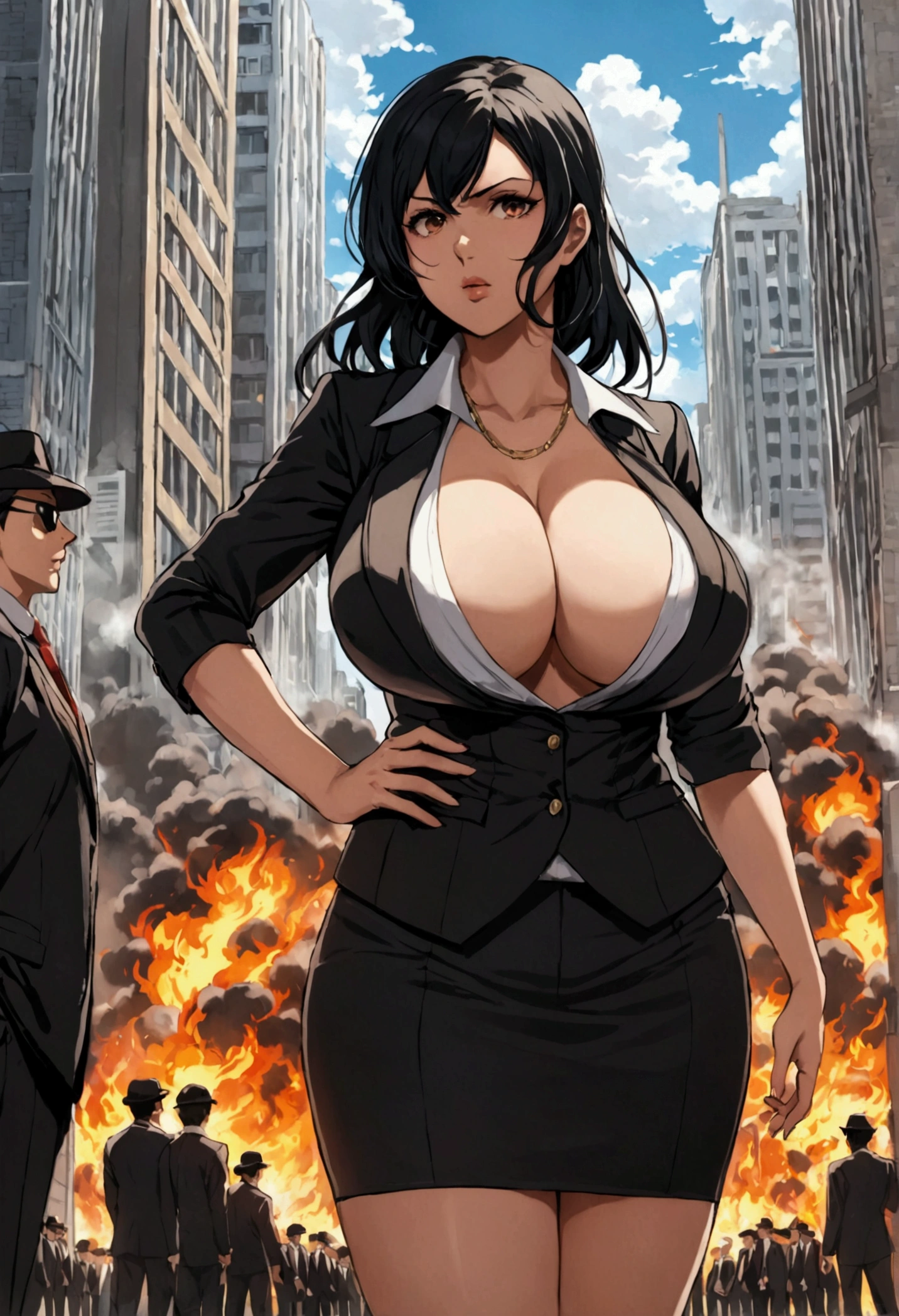 A busty black haired girl being a mob leader standing in the middle of the city