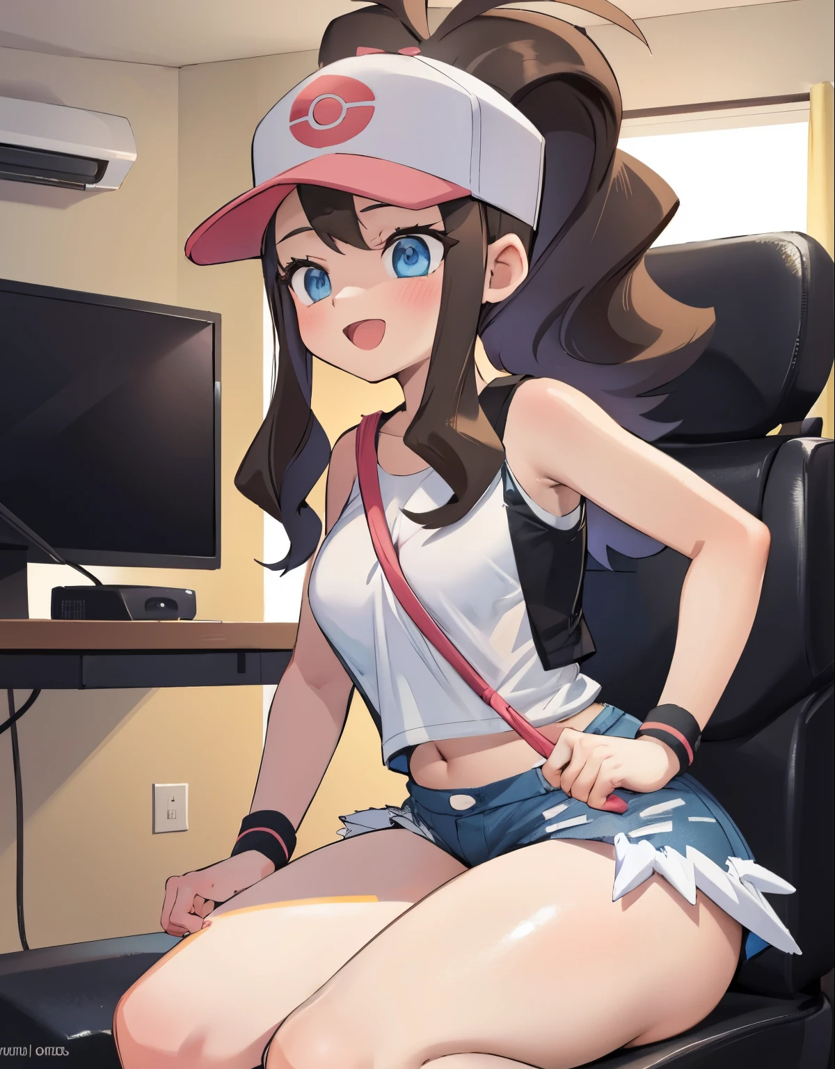  detailed eyes, beautiful eyes, perfect anime style eyes, best quality, 4k, 8k, highres, masterpiece:1.2, ultra-detailed, realistic, Photorealistic, photo-realistic:1.37, HdR, UHD, Studio lighting, ultra-fine painting, Sharp focus, physically-based rendering, extreme detail description, professional, vivid colors, bokeh, anime, artwork, def1, body shape, chubby thighs, thick thighs, open mouth, smile, ultra-detailed description, capturing every exquisite detail of her appearance. Her eyes are mesmerizing, with long curled lashes, glistening in the light. Her lips are perfectly shaped, with a subtle hint of a smile. radiating, A young gamer sits in a gaming chair, immersed in a streaming session on Twitch from the comfort of her otaku room.

[Character description]
The girl, with a concentrated and excited face, He wears casual clothes but with a geeky touch, reflecting his style and passion for video games and pop culture.

[environment/Background]
The room, decorated with posters, action figures and other elements characteristic of the otaku aesthetic, provides a cozy and personal environment for your streaming activity.

[Style and Atmosphere]
The scene conveys a relaxed and passionate atmosphere., where the gamer feels comfortable and in her element, enjoying his favorite hobby while interacting with his online audience.

[composition]
The young woman is sitting in front of a state-of-the-art gaming computer, with multiple screens and a microphone, ready to provide a quality streaming experience to your followers.

[Details and Embellishments]
Elements like RGB lights, Personalized stickers and decorations in the room and equipment reflect the unique style and personality of the gamer, creating a vibrant and distinctive atmosphere.

[Technical specifications]
The scene is characterized by warm lighting and a bright color palette., with high-quality lighting effects and graphics that highlight the quality of the equipment and the professionalism of the broadcast.