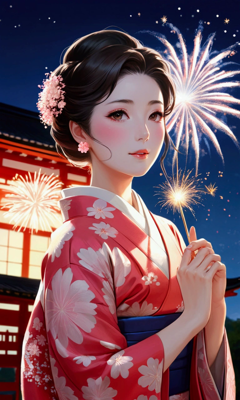 Taisho Romance A woman in a very beautiful kimono Very beautiful Japan woman kimono Japanese woman in kimono Watching the fireworks at the shrine firework Night Sky Night Skyにfirework Japanese fireworks