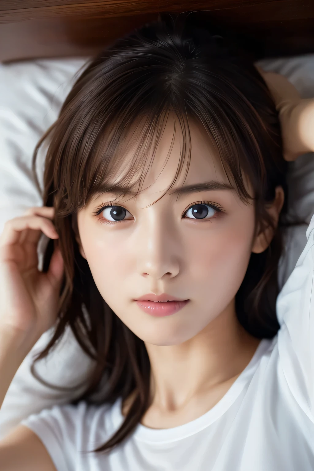 Beautiful  lying in bed, , (Highest quality:1.4), (Very detailed), (Very detailed美しい顔), Sleepy eyes, White T-shirt, Great face and eyes, iris, Medium Hair, The Beauty of Japan, (Skinny body type:1.3), (Flat Chest:1.3), Embarrassed expression,(Puppy licking cheek),Smooth, Very detailed CG synthesis 8k wallpaper, High-resolution RAW color photos, Professional photography, Light, BackLight, dream-like, impressive, Written boundary depth, Bedroom, (Face close-up:1.3), (Shot from above:1.5)