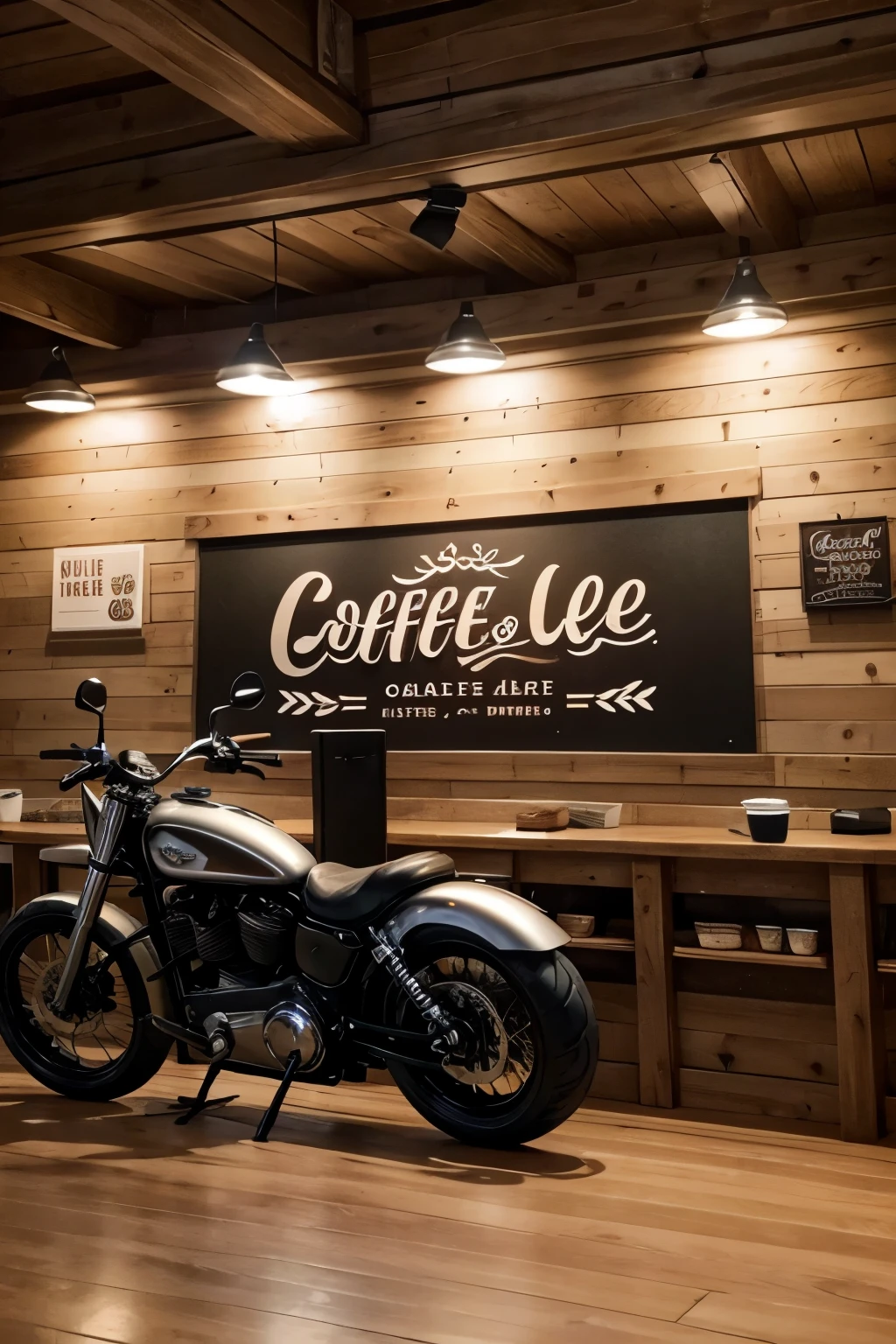 Logo for a coffee shop with the title waffles "The Chestnut Grove" and have a waffle kitty and a harley motorcycle 