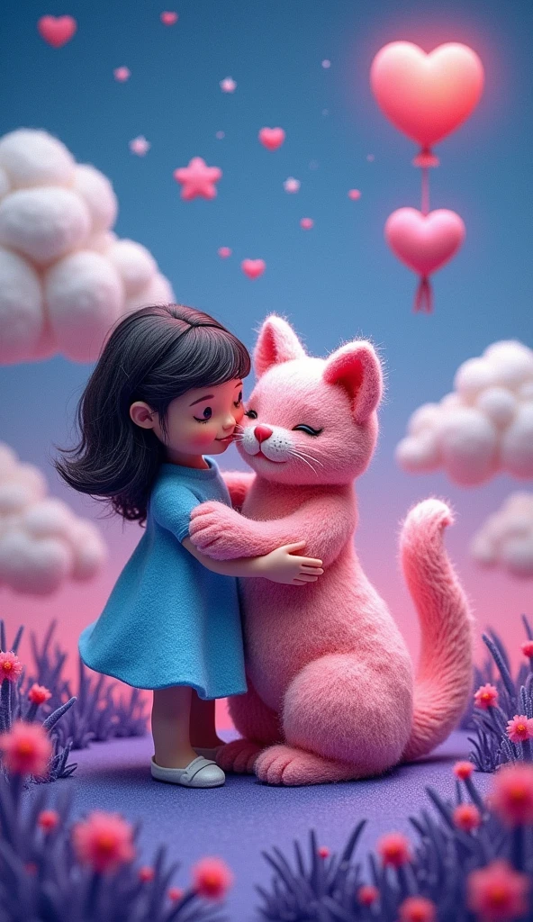 Our Felt Style,surreal space,abstract,A girl weaving with a cat is hugging each other,Fluffy love heart,fluffy clouds,star,grass,flowers,In my dream、A vivid and fun way to set the stage,blue, Purple and pink tones,bright,Art