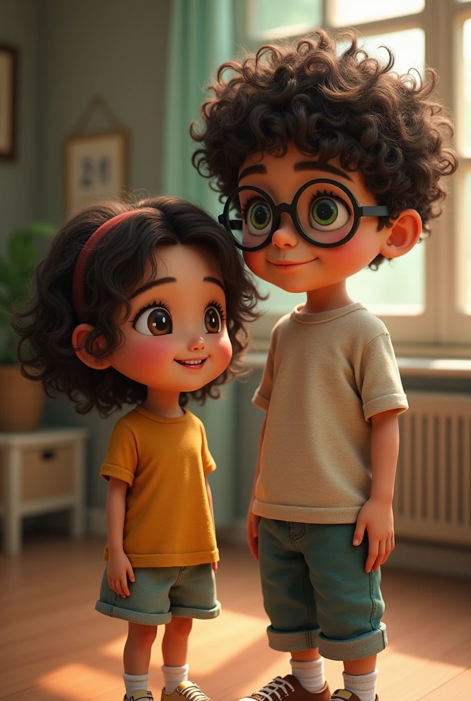 A short girl with dark brown curly hair and brown eyes, skinny, next to a tall boy with dark brown curly hair and green eyes with glasses