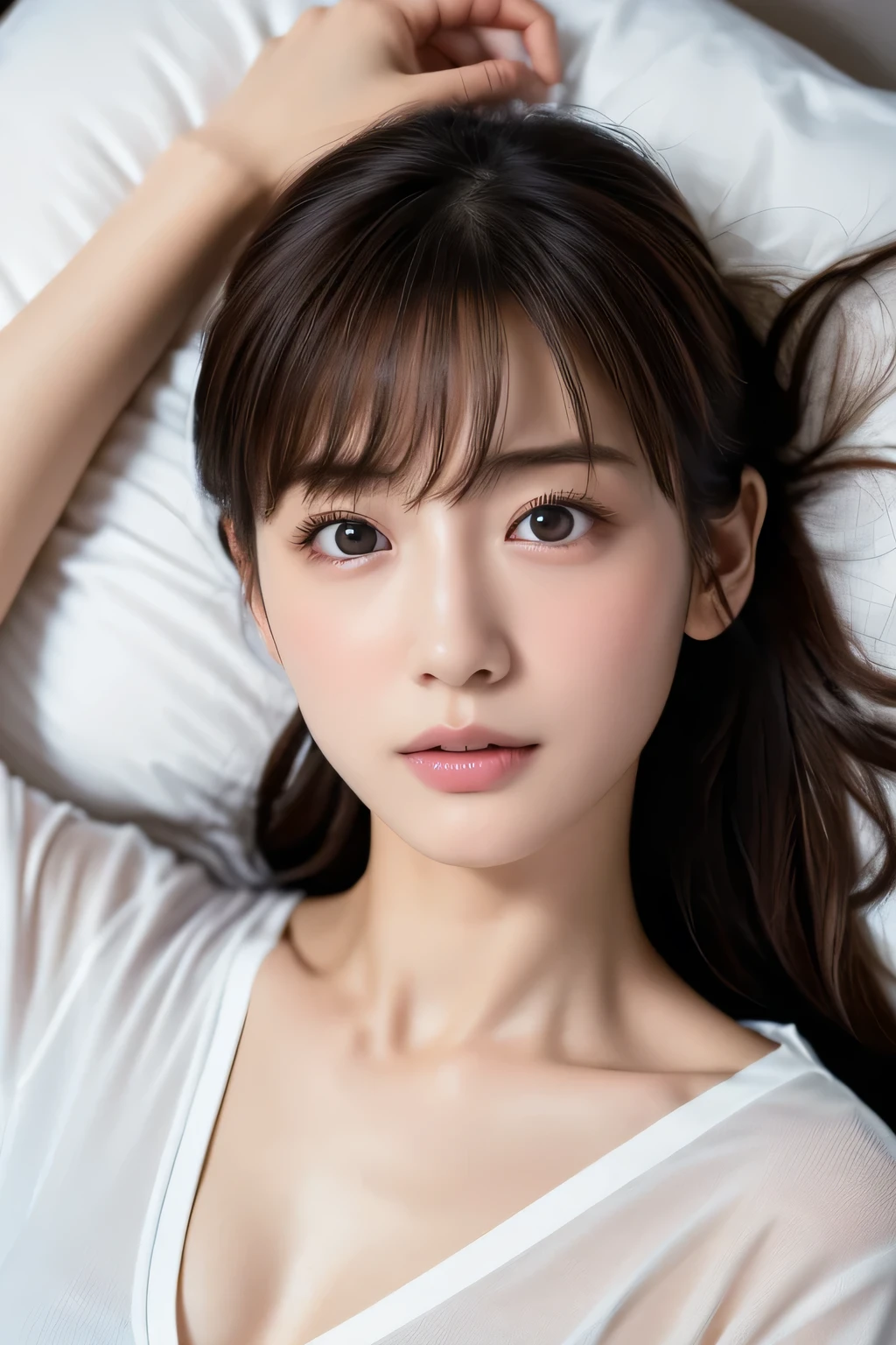 Beautiful lying in bed, , (Highest quality:1.4), (Very detailed), (Very detailed美しい顔), Sleepy eyes, White T-shirt, Great face and eyes, iris, Medium Hair, The Beauty of Japan, (Skinny body type:1.3), (Flat Chest:1.3), Embarrassed expression,(Puppy licking cheek),Smooth, Very detailed CG synthesis 8k wallpaper, High-resolution RAW color photos, Professional photography, Light, BackLight, dream-like, impressive, Written boundary depth, Bedroom, (Face close-up:1.3), (Shot from above:1.5)