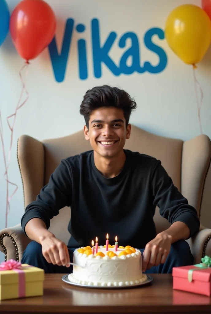 

Create a realistic a profile picture where a  boy cutting his birthday cake facing forward in smile face, black shirt, sitting casually on a wingback chair there are gift lying on the ground along both sides of the chair and the cake is lying in front of table my username Vikas Written written with Blue colour with balloon in different colours attached on the white wall