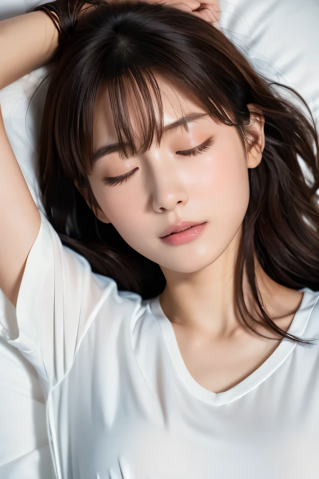 A Japanese Lady, Wearing a very tight wet white full-open-button-shirt, Pull the shirt up to her chest, cowgirl position, Wet bun hair, Tilting head, very white wet skin, realphoto, half Closed eyes, half opened mouth, Looking at Viewer, From  above