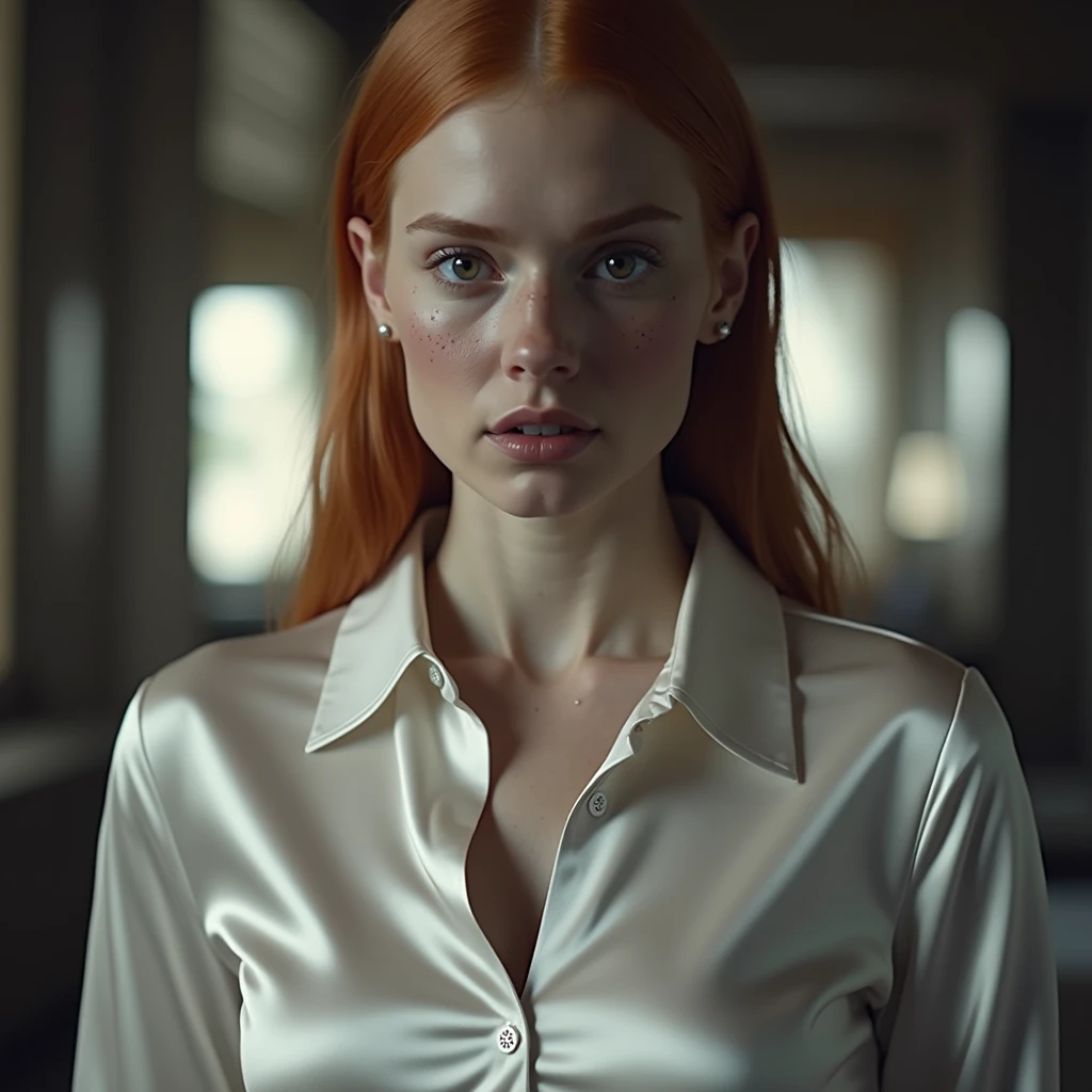 cinematic lighting, hyperrealistic, 8k, highly detailed, photorealistic, masterpiece, beautiful busty ginger woman, freckles, satin white button blouse, long orange hair, big breasts, breast expansion, cleavage expansion, cleavage popping out of shirt, nervously staring directly at viewer