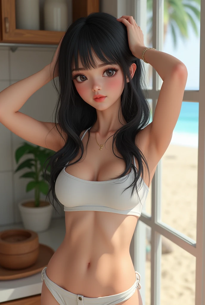((Realistic lighting, Best quality, 8K, Masterpiece: 1.3)), Focus: 1.2, 1girl, Perfect Figure: 1.4, Slim Abs: 1.1, ((Dark black hair)), (white opaque crop top and opaque short shorts: 1.4), opening kitchen cabinet, (indoor, Day: 1.1), Super fine face, Fine eyes, Ai influencer, (beach, palm trees), (beach, palm trees), (beach, palm (navel), (navel), (navel), (She runs her hands through her hair.), (She runs her hands through her hair.), (She runs her hands through her hair.)